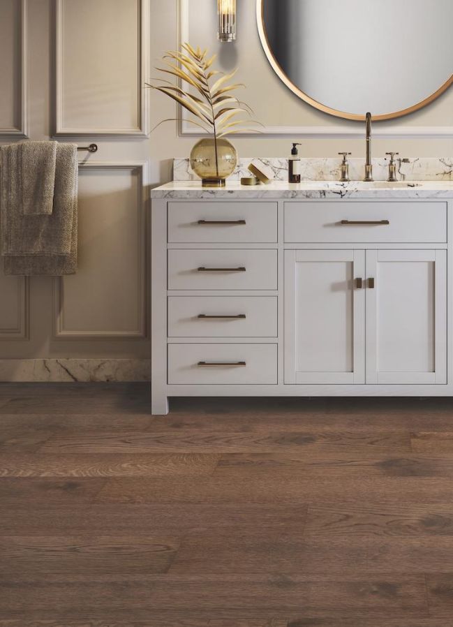 engineered hardwood flooring in an elegant bathroom